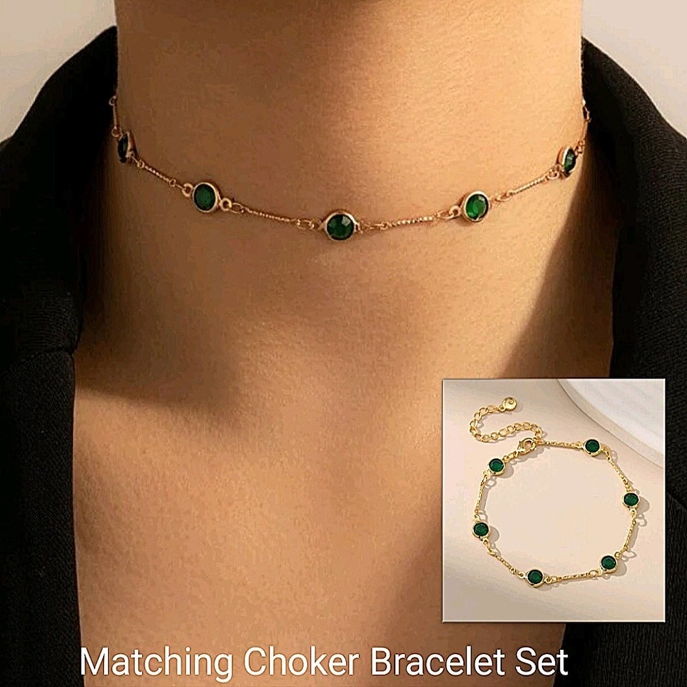 Emerald Green Gold Plated Choker Matching Bracelet Set